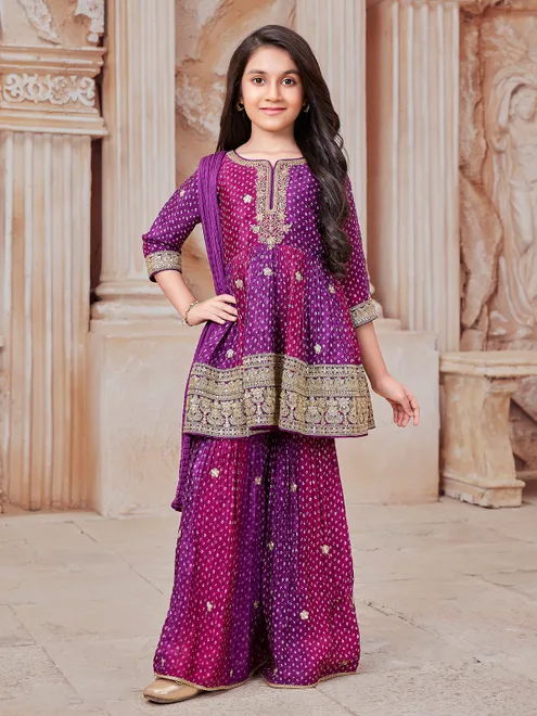 Purple bandhej printed sharara suit with cutdana and zardosi