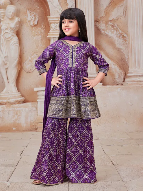 Purple bandhej printed silk sharara suit with dupatta