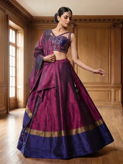 Purple blue silk lehenga choli with zardosi resham work