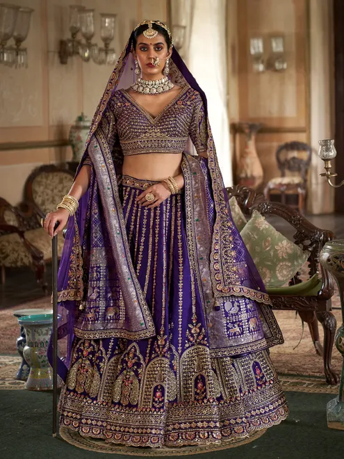 Purple bridal stitched lehenga choli with two dupatta