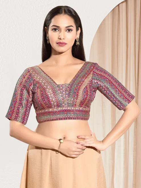 Purple brocade printed V neck elbow sleeve blouse