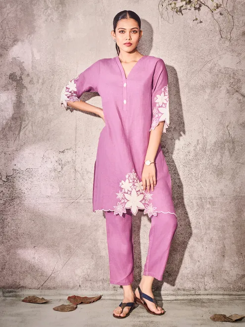 Purple casual wear cotton kurti set