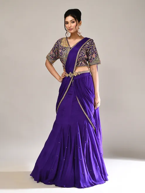 Purple chiffon georgette v neck lehenga choli