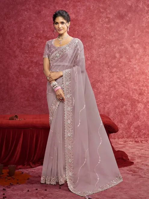 Purple chiffon saree with sequins work for elegant look