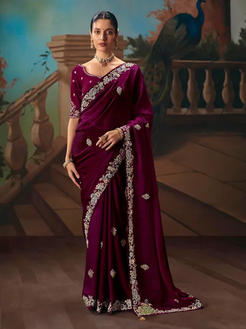 Purple chiffon silk butti work saree