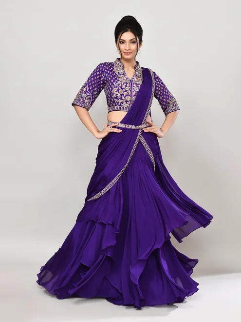 Purple chiffon zardosi embellished lehenga choli