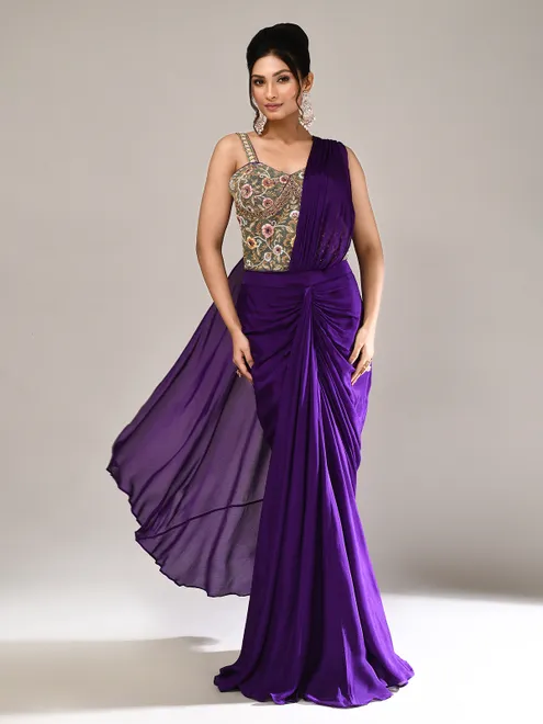 Purple chiffon zardosi work indo western suit