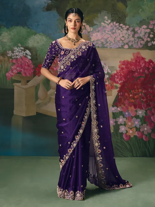 Purple chinon silk saree with heavy work blouse