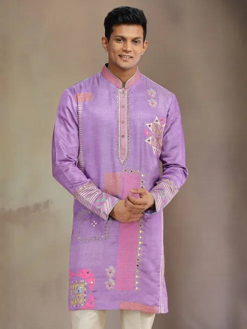Purple silk kurta suit with aabla and resham work