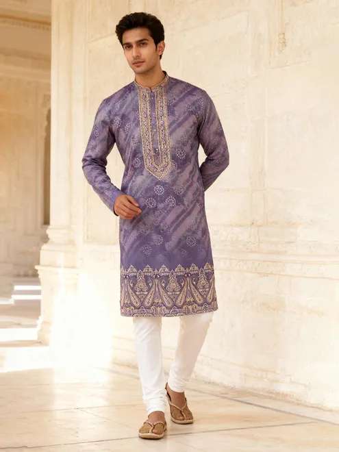 Purple cotton silk daman printed festive kurta suit