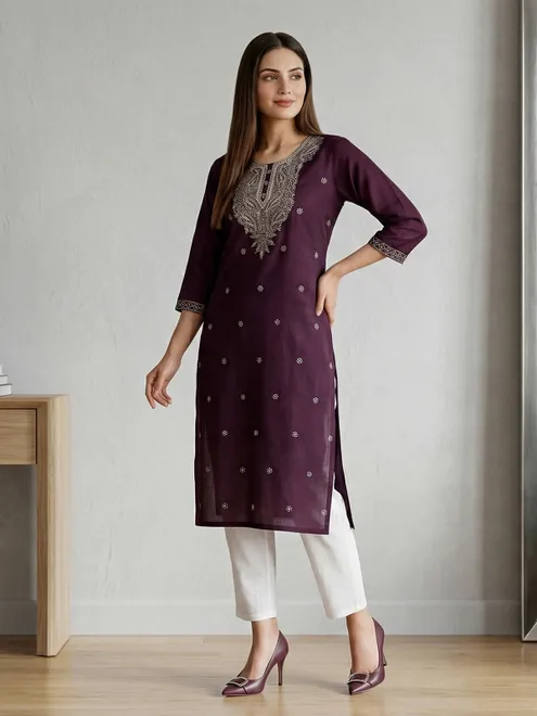 Purple cotton silk embroidered casual straight kurti style