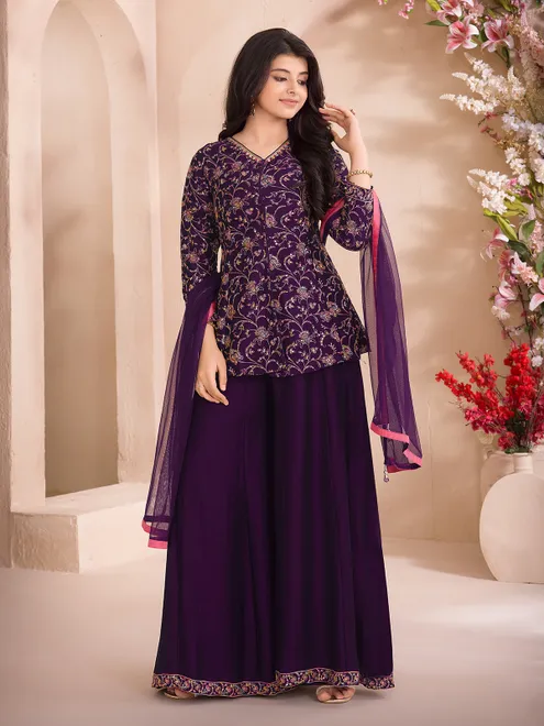 Purple cotton silk festive palazzo salwar suit ensemble
