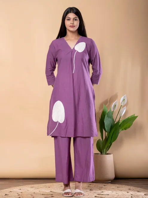 Purple cotton silk kurti palazzo set
