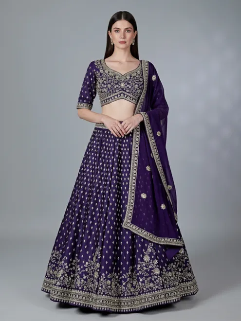 Purple cotton silk reception wear lehenga choli with rich embellishment