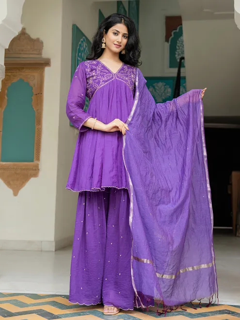 Purple cotton silk sharara kurti set with dupatta