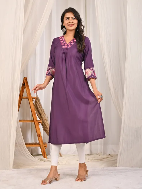 Purple cotton silk V neck casual kurti