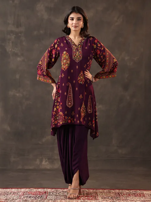 Purple crepe silk zardosi designer dhoti suit