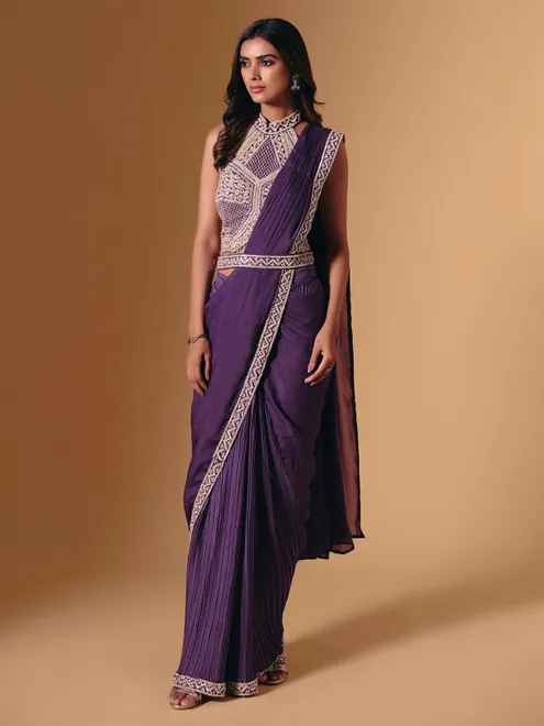 Purple cruss lycra saree with sparkling cutdana detailing