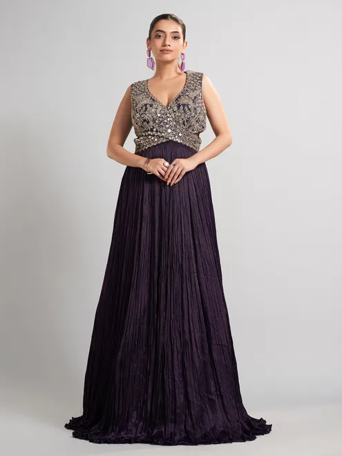 Purple designer floor length silk suit