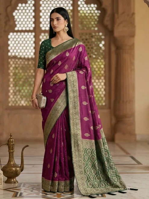 Purple dola silk green border embellished saree
