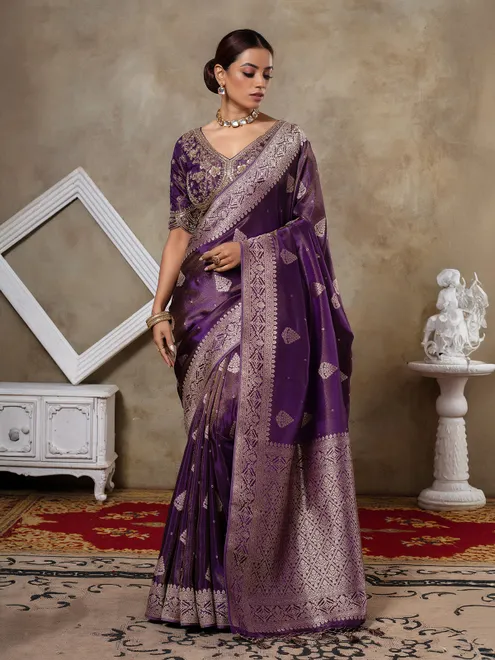 Purple dola silk saree with readymade blouse