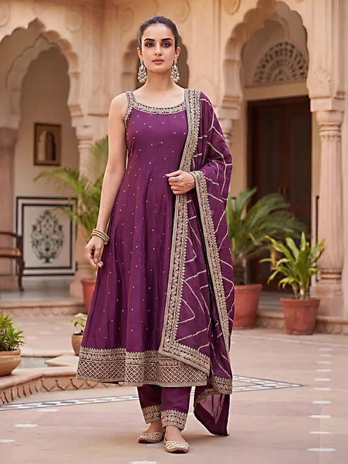 Purple embellished silk salwar suit with dupatta