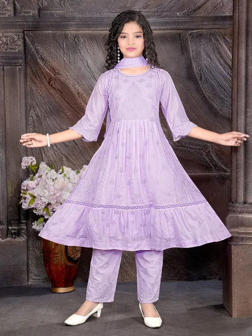 Purple embroidered pant salwar suit with quarter sleeves