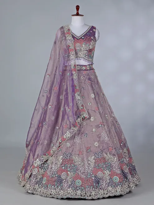 Purple embroidered silk lehenga choli for women