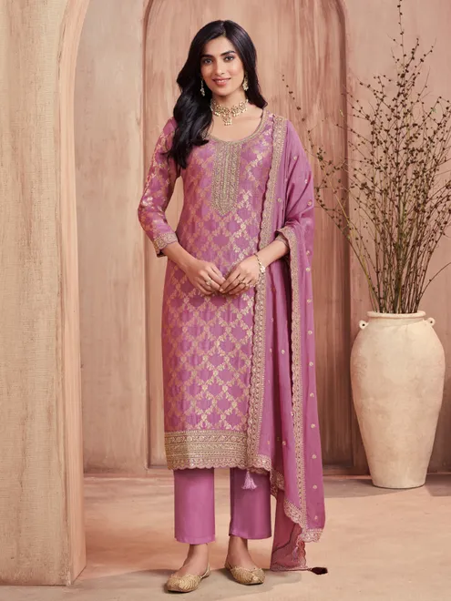 Purple festive wear silk salwar suit with zari detailing