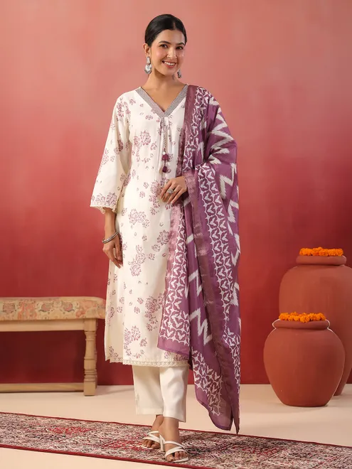 Purple floral printed silk kurti set for festive wear