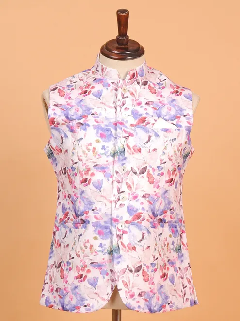 Purple floral printed waist coat for men