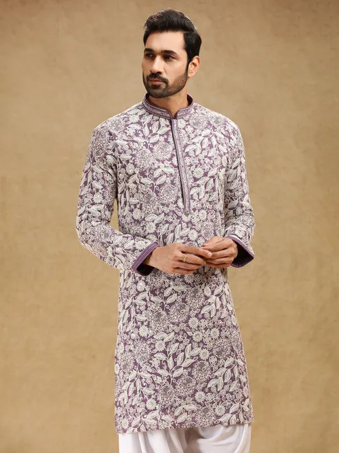 Purple georgette kurta suit with bold embroidery