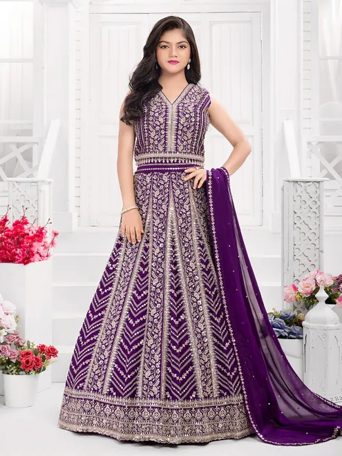 Purple georgette lehenga choli with sequins and beads