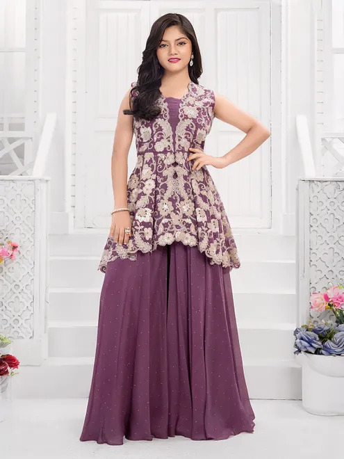 Purple georgette palazzo suit with cutdana work