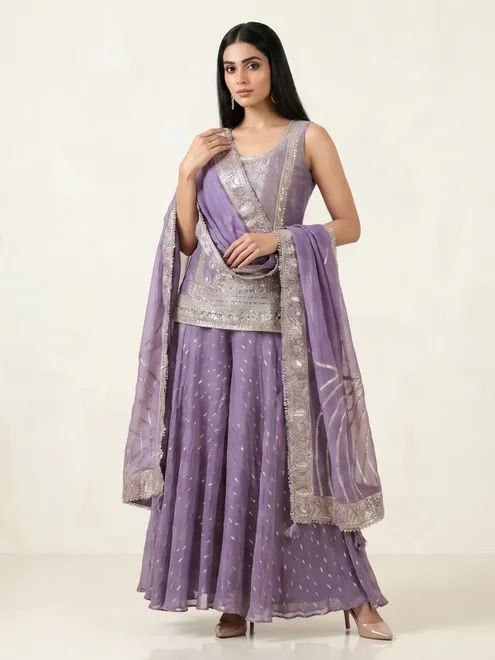 Purple georgette silk elephant motif palazzo suit
