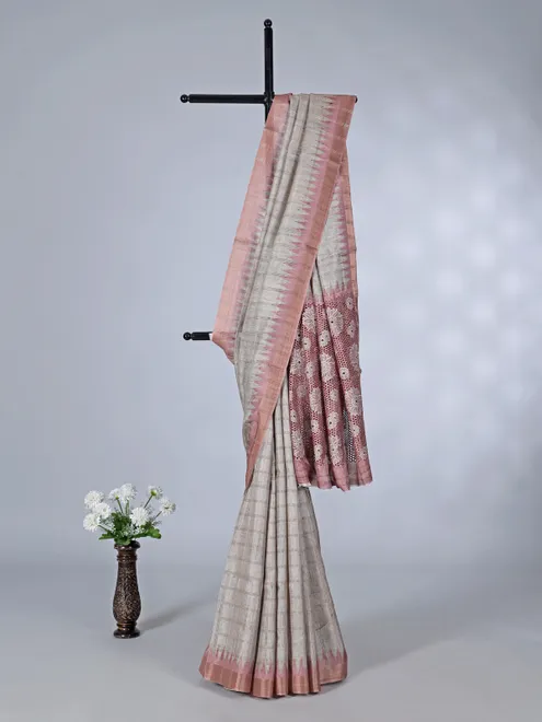 Purple grey semi silk saree with cutwork design