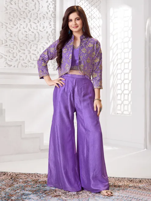 Purple jacket style silk palazzo suit for festive