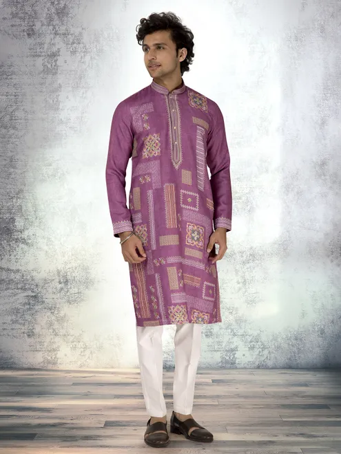 Purple linen cotton resham and sequins kurta suit