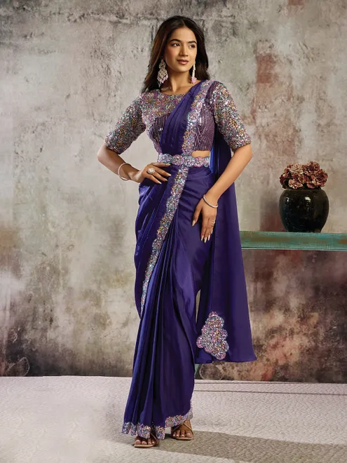 Purple lustrous satin saree with designer belt