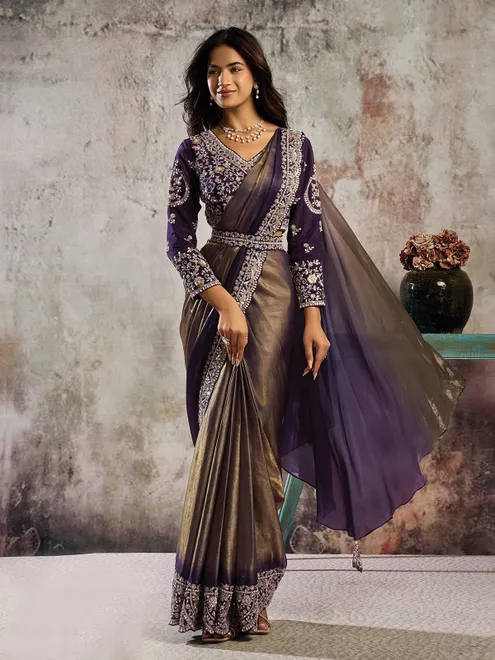 Purple metallic satin saree with designer belt style