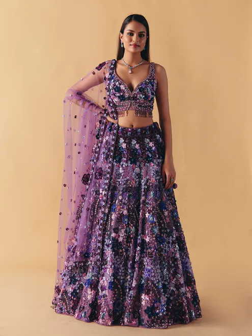 Purple net pearl and sequins lehenga choli