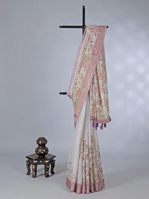 Purple off white printed tissue cotton saree with thread work