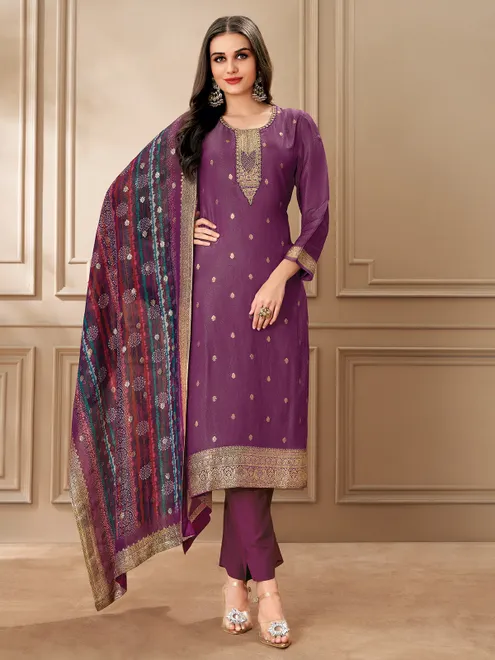 Purple organza salwar suit with zari work