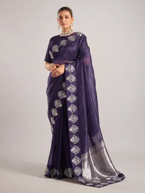 Purple organza saree with ready made blouse