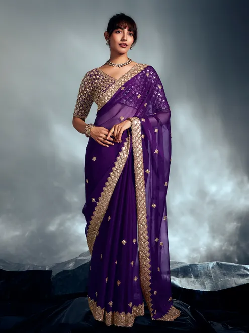 Purple organza saree with sequins shine