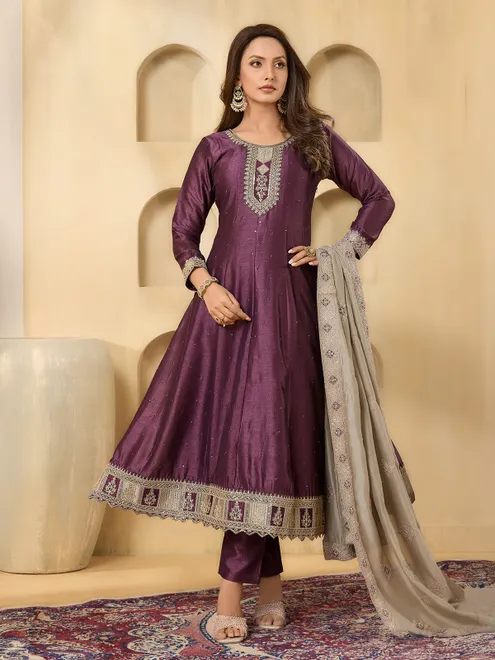 Purple pakistani style silk festive salwar suit
