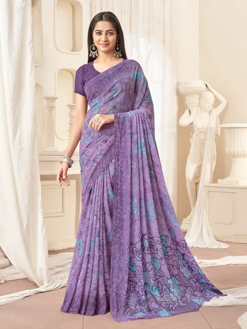 Purple pastel shaded floral georgette saree