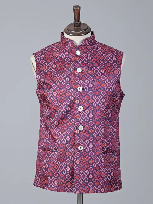 Purple printed cotton silk festive waistcoat