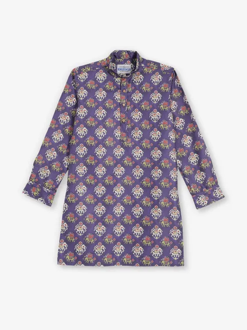 Purple printed cotton silk kurta for festive wear