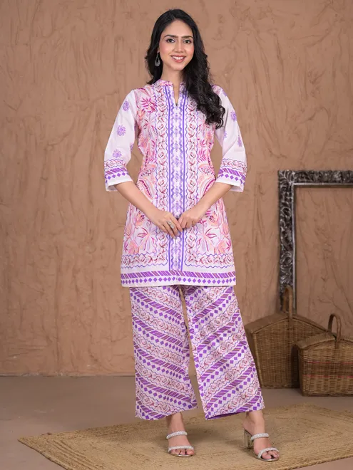 Purple printed cotton silk palazzo kurti set